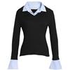 KBOPLEMQ Maglione da donna in effetto 2 in 1 con inserto per camicia, a maniche lunghe con scollo a V, elegante top per lavoro, casual, colletto a contrasto, maglietta patchwork, stretch, O nero., M