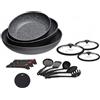 Wintem Set Padelle Antiaderenti Nere 12 Pezzi - Batteria Padelle Induzione Effetto Pietra con Manici Removibili | Utensili da Cucina con Coperchi in Vetro