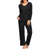 PrinStory Pigiama da donna a costine a maniche lunghe, con scollo a V e pantaloni a gamba larga