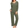 PrinStory Pigiama da donna a costine a maniche lunghe, con scollo a V e pantaloni a gamba larga