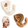 KOLZEMV Set 2 Pezzi Turbante Asciugacapelli Capybara, Asciugamano Capelli in Microfibra Super Assorbente, Telo per Asciugatura Rapida con Bottone per Capelli Lunghi e Ricci, 65x25cm, Khaki e Bianco