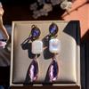 Orecchini Clip On Vera Perla Barocca Ovale Goccia Vetro Viola Dorato QD33