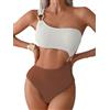 Fanuerg Costume da bagno intero da donna a coste monospalla sexy con ritaglio a blocchi di colore, Beige Caffè Marrone, XL