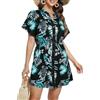 Koerye Donna Abito da Spiaggia Bottoni Vestito con Scollo a V Costumi da Bagno Bikini Cover Up Vita Stretta Abito Spiaggia Foglia Blu