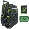 PRESTIGE & DELUXE Trolley Zaino Scuola compatibile con Minecraft Camo Grigio Linee Fluo per bambini primaria media + astuccio 3 zip + Diario scolastico F.to Standard 18x14 cm + 7 penne cancellabili