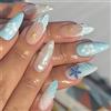 MouyouGlow Unghie Finte Corte MouyouGlow,Mandorla Bianche Gradient Blu French 3D Fiori Floral Bubble Perle Ocean Conchiglia Design Short Press on Nails,Blue Tips Conch Sweet Estate INS Fake Nails