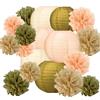 HGWOUY Kit Decorazioni per Festa Pesca Beige e Verde Oliva | Pom‑Pom di Carta e Lanterne di Carta Decorazioni Sospese per Matrimonio Compleanno Festa in Giardino