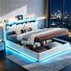 BIYFSDS Letto con Contenitore 160 x 200 con LED e Porte USB, Letti 160 x 200 con Contenitore, Letti Matrimoniali Imbottiti con Contenitore Idraulico, Letto per Adulti con Sommier a Doghe con Testiera (Beige-2