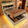 Ktipm Letto Singolo Imbottito 90x200 cm con LED e USB, Letto Contenitore Idraulico con Testiera a Contenitore e Listelli di Legno, Struttura Letti Singoli Bambino, Lino, Senza Materasso, Beige