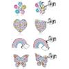 KALVICA 4 Paia Orecchini Bottone Ipoallergenico Per Donne Ragazze - Acciaio Inossidabile 316L Multicolore Cubic Zirconia - Set Piccoli Cuore Fiore Farfalla Arcobaleno