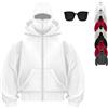 Generico Balaclava Hoodie with Mask Built in, Double Hooded Zip Up Jacket Wind-Resistant Winter Face Covering Hoodies for Men (White,M)