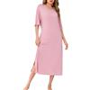 Wikoan Donna Sleepwear Collo Rotondo Manica Corta Camicia da Notte Lunga Morbida con Tasche,Rosa Carne,L