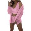 Generisch Set da 3 pezzi da tuta da donna in peluche, pigiama a maniche lunghe, giacca con cappuccio + pantaloncini + crop top invernale caldo, morbido pigiama corto Y2K, Colore: rosa., S
