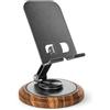 PEUZ Supporto per cellulare girevole a 360°: supporto da tavolo flessibile, regolabile in altezza e pieghevole con elegante base in legno marrone per tutti gli smartphone e tablet in elegante nero