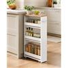 Xinyvee Carrello Cucina Salvaspazio 14 cm, Portatutto a 4 Ripiani con Ruote | Portaoggetti stretto con maniglia, bianco e rovere, ideale per organizzare bagno, lavanderia e altri piccoli spazi.