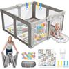 FAMPLY Box pieghevole per bambini, con materasso, rete traspirante a 360°, Oxford 300D, parco giochi sicuro per bambini, per interni ed esterni, con custodia, 50 palline, 4 trenini (dinosauro, 130 x 130 x 70