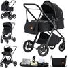 GLOKID passeggino trio 3 in 1, multifunzionale carrozzina pieghevole, navicella+passeggino 2 in 1, ruote antiforatura ammortizzate, completo di accessori(Nero)