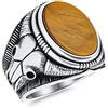 Bling Jewelry Personalizzato Con Sigillo Brown Tiger Eye Ovale Pietra Preziosa Western Texas Longhorn Buffalo Cow Skull Antilope Capra Cranio Uomo's Ring Argento .925 Made In Turchia Personalizzabile