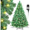 Ikodm Albero di Natale artificiale con ghirlanda luminosa, 150 cm, verde, in PVC, apertura automatica, con 200 LED a luce bianca calda e supporto in metallo, ignifugo