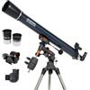 Celestron 21064 PowerSeeker 90EQ Telescopio rifrattore - include due oculari, diagonale a immagine eretta, treppiede regolabile in altezza e vassoio porta accessori deluxe, blu scuro