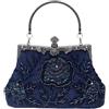 lapulio Borsa da sera vintage con perline ricamate con rose, elegante pochette con manico per matrimoni, feste ed eventi formali, Blu navy