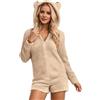 WAZHAKU Tuta da donna morbida in pile, con orecchie da orsacchiotto, con cappuccio, tuta intera con animali, pigiama invernale, caldo, onesie peluche, pigiama da letto, tuta intera, R beige, M