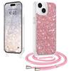 LCHULLE Glitter per iPhone 15 Cover con Cordino Regolabile,Rosa intera | Brillantini Custodia con Tracolla, Cover glitterata con Rimovibile Catena,Glitter Transparent TPU Bumper, Silicone Case