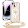 DiDaDi Custodia magnetica Cover per iPhone 15 con cordino [compatibile con MagSafe] 2 pellicole protettive, 1 protezione per fotocamera in vetro, Collana con cordino regolabile (oro)