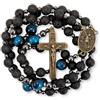 Nazareth Store Rosario cattolico da uomo, con perline in pietra lavica nera, con medaglia di San e croce, perline in occhio di tigre blu, collana con croce in confezione regalo portatile