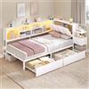 mojiasion Letto per ragazzi 90 x 200 cm, bianco con LED, vano portaoggetti e comodino, letto singolo imbottito con 2 cassetti, USB/tipo C, testiera pieghevole, montaggio L/R, senza materasso