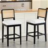 chairus Set di 2 Sgabelli Cucina con Schienale in Rattan, Nero | Sgabelli da Bar in Lino Sedia Alta con Gambe in Legno Sgabello Imbottito Classico per Soggiorno/Penisola/Bar