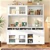 Yihomfy Credenza Cucina Stoccaggio 145 x 171 cm, Stoviglie Armadio da Cucina Alto Mobile da Cucina Stile Bianco con ante in Vetro Striato, Cantina per Vino, Mensola regolabile, ideale per Sala da