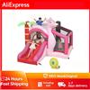 NONE Castello gonfiabile per bambini con scivolo, trampolino, vasca con palline e canestro da basket, rosa, castello gonfiabile all'aperto, giocattoli gonfiabili, giocattoli gonfiabili per bambini,