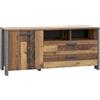 FORTE Clif Mobile Base TV con 1 anta e 2 cassetti, in legno derivato, stile vintage Old Wood, finitura effetto cemento, grigio scuro, 141,7 x 63,9 x 52,3 cm