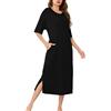 Wikoan Donna Sleepwear Collo Rotondo Manica Corta Camicia da Notte Lunga Morbida con Tasche,Nero,L