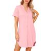 Lovasy Camicia da Notte Donna in Cotone Manica Corta Scollo a V Sexy Sottoveste Curvy con Bottoni Davanti Abito da Notte Estiva con Tasche