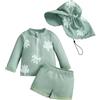 Carolilly Costume da bagno da bambino da 3 pezzi, con cerniera stampata a maniche corte + mutandine da bagno + cappello anti-UV (0-5 anni), Verde tartaruga, 18- 24 mesi