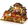 Hallisun Casa Delle Bambole Kit, Ristorante giapponese 3D in Legno Modellismo da Costruire con Luce Led Carillon, Casa in Miniatura DIY per Adulti, Regali Artigianali di Natale per il Compleanno