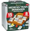 Queensell Domino Messicano Double 15 con 8 Rastrelliere in Legno, Set Mexican Train con 136 Tessere a Punti Colorati, 9 Trenini, Centro in Legno e Valigetta in Alluminio, Gioco per Famiglia