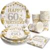 PARTY GO 96 piatti di carta per feste, bicchieri, tovaglioli e stoviglie per feste di compleanno, bianco e oro 60°