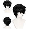 YIPFEN Parrucca Nera Corta 30 cm Uomo Donna Anime Cosplay Parrucca Caschetto Nero Anni 70 80 per Costume Halloween Festa Carnevale