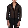 WAZHAKU Camicia da uomo a rete trasparente, a maniche lunghe, trasparente, a maglia, sexy, in pizzo, trasparente, a maniche lunghe, sottile, B nero, S