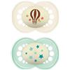 MAM Ciucci da notte originali, 18-36 mesi, confezione da 2, si illuminano al buio, forniti in custodia sterilizzatore per ciuccio, materiali sostenibili, accessori per bambini, crema (vari motivi)