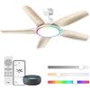 DREO ventilatore da soffitto smart a profilo ribassato 132 cm con luce LED dimmerabile, RGB, 12 velocità(APP), motore CC silenzioso, montaggio facile, controllo app e Alexa, bianco