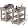 BonVache Set di 2 comodini, tavolino piccolo con funzione di ricarica, tavolino sottile con ripiano, cassetti, comodino per soggiorno, camera da letto, grigio