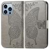 Mixroom - Custodia Cover per iPhone 14 Plus in Pelle Ecopelle a Libro Portafoglio con Stand Grigio Intaglio Farfalla Chiusura a Linguetta Magnetica
