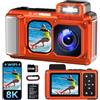 MaxMango 49FT Fotocamera Subacquea 8K WiFi Impermeabile con Touchscreen 2,88 | Maxmango V08 Pro 90MP Fotocamera Digitale con Autofocus, Scheda 32GB, Antipolvere e Antiurto per Snorkeling e Viaggi, Arancia