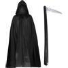 FUIPVGI 2 Pezzi Costume da Triste Mietitore,Mantello Nero con Cappuccio Lungo 140 cm Falce Gonfiabile,Misteriosi Costumi da Mietitore Horror per Halloween Vestire per Bambini Adulti Halloween