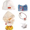 niannyyhouse Set di vestiti per bambola di peluche, 10 cm, con piccolo fiore rosso, cappello elastico con cappuccio, pantaloni, gilet, zaino, scarpe di tela, morbido peluche imbottito (10 cm)