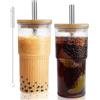 VMUTGA 2 Pezzi in Vetro da 600 ml Con Coperchio in Legno, Vetro Paglierino Trasparente, Tazza Trasparente a Righe per Succhi di Frutta, Cocktail, Latte, Caffè